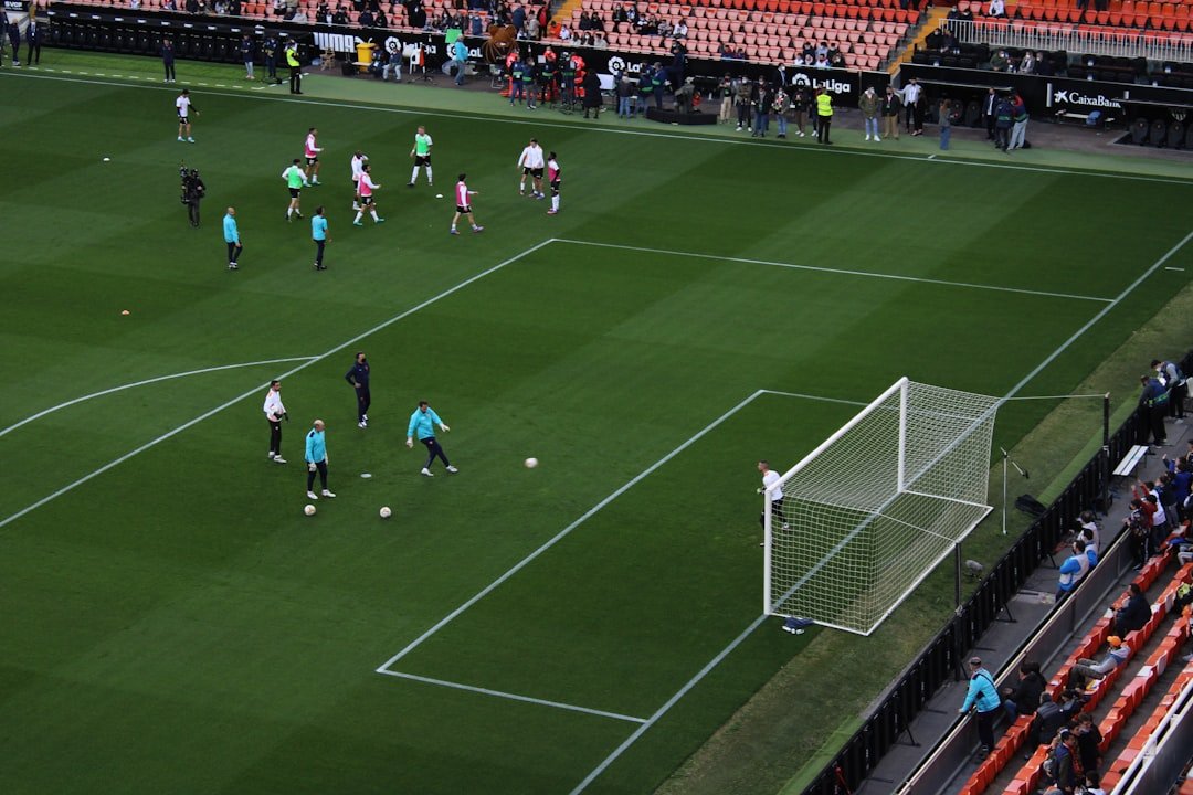 A group of people on a field playing soccer